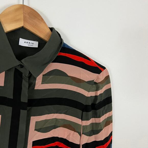 AKRIS Punto Mulberry Silk Multicolor Printed Silk Blouse Top Women Size 6 - Picture 11 of 12